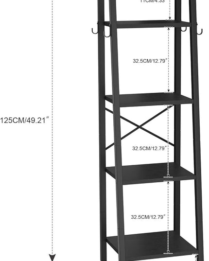 YMYNY 4 Tiers Ladder Bookcase, Industrial Narrow Bookshelf, Open Display Rack with 4 S Hooks, Metal Storage Shelves for Bedroom, Home Office, Living Room, Black, 49.2H*13.4L*11.8W, UHBC024B - LeafyLoom