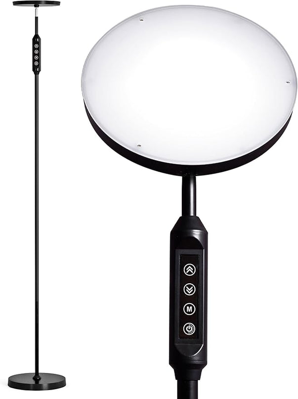 LED Daylight Floor Lamp - Free Standing Lamps for Living Room or Bedroom - 24W Black Modern Uplight Torchiere Stand Light- 3 Dimmable Modes - Natural Day, Warm, Super Bright - Corner Tall Torch Lights - LeafyLoom