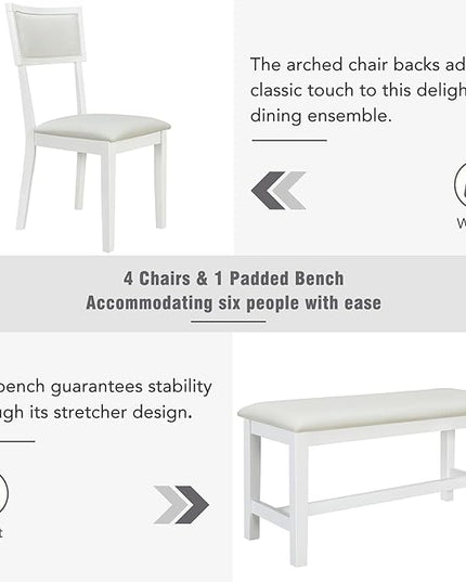 Farmhouse Style Trestle Upholstered 4 Chairs and Bench, Rubber Wood w/Flower Buds Shaped Legs Room, Kitchen, 6 Piece Dining Table Set, White 30 - LeafyLoom