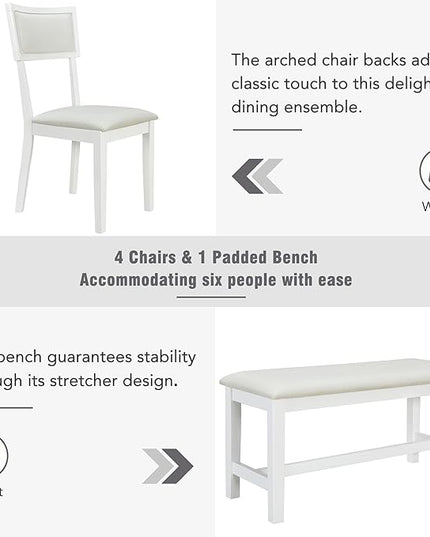 6-Piece Wood Rectangular Dining Table Set with 4 Upholstered Arched Back Chairs and Bench, for Kitchen, Living Room, Farmhouse, Dark Walnut+White, 59" L x 35.4" W x 30" H - LeafyLoom