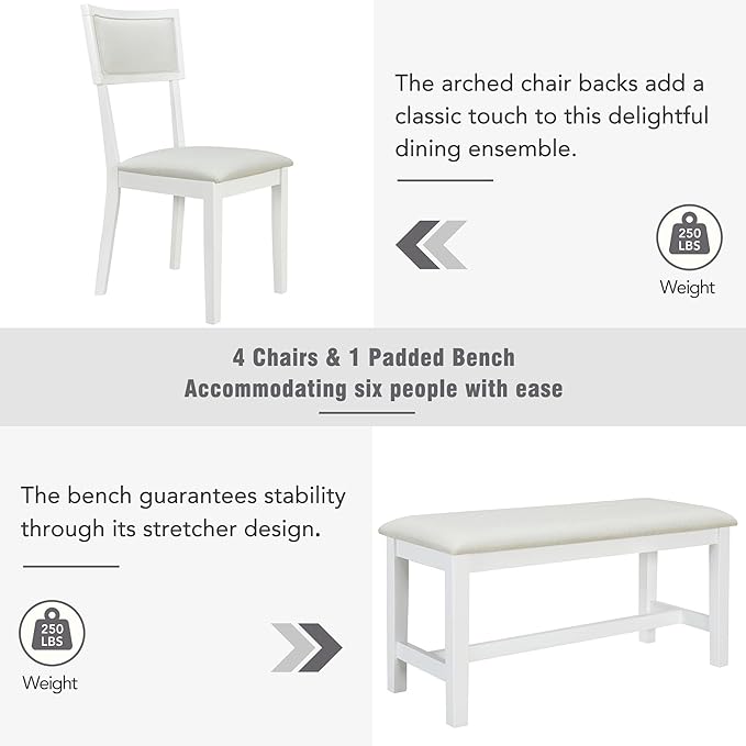 6-Piece Wood Rectangular Dining Table Set with 4 Upholstered Arched Back Chairs and Bench, for Kitchen, Living Room, Farmhouse, Dark Walnut+White, 59" L x 35.4" W x 30" H - LeafyLoom