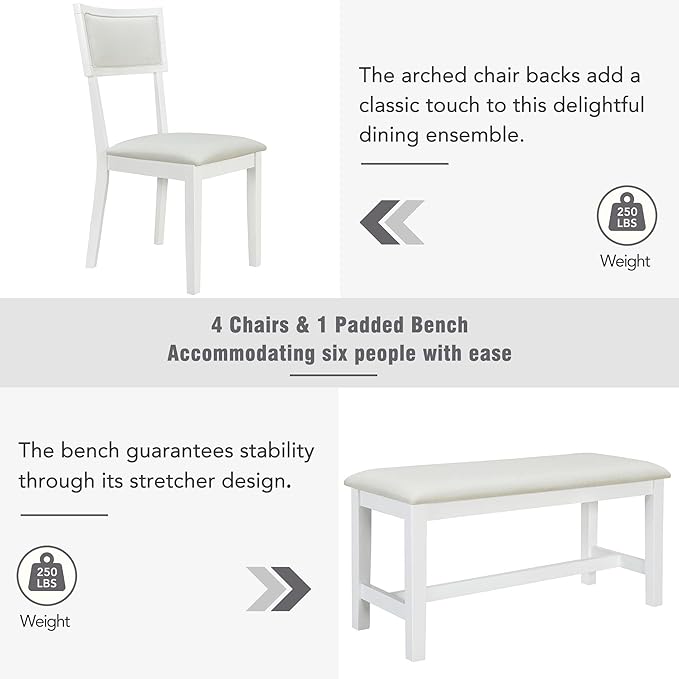 Dining Table Set for 6, Farmhouse 6-Piece Trestle Dining Room Table Set with Upholstered Dining Chairs and Bench, Kitchen Table Set for Dining Room, White - LeafyLoom