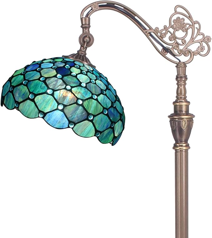 Tiffany Floor Lamp Stained Glass Lamp 18X12X67 Inch Angle Adjustable Arched Gooseneck Antique Reading Light (Sea Blue Pearl) - LeafyLoom