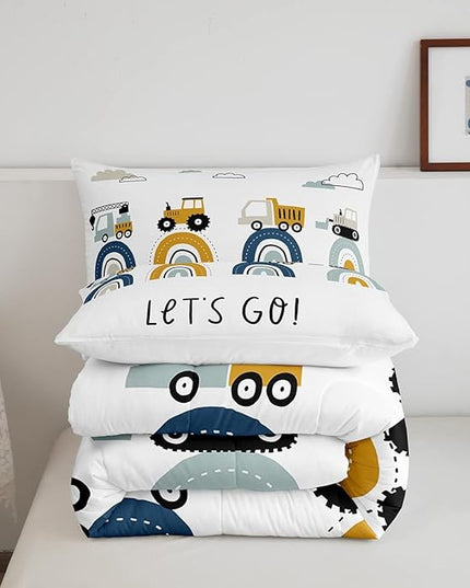 Boys Cartoon Car Comforter Set, Kids Construction Vehicles Comforter for Kids Children Cartoon Rainbow Truck Bedding Set Cute Cars Soft Quilt Set Bedroom Collection 3Pcs Full Size - LeafyLoom