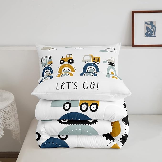 Boys Cartoon Car Comforter Set, Kids Construction Vehicles Comforter for Kids Children Cartoon Rainbow Truck Bedding Set Cute Cars Soft Quilt Set Bedroom Collection 3Pcs Full Size - LeafyLoom
