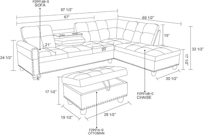 ROOMTEC Modern L Shaped Sectional Sofa with Storage Ottoman, Right Facing Chaise Longue, Reversible Backrest w/ 2 Cup Holders, Faux Leather Tufted Cushions, for Living Room, Apartment, Brown - LeafyLoom