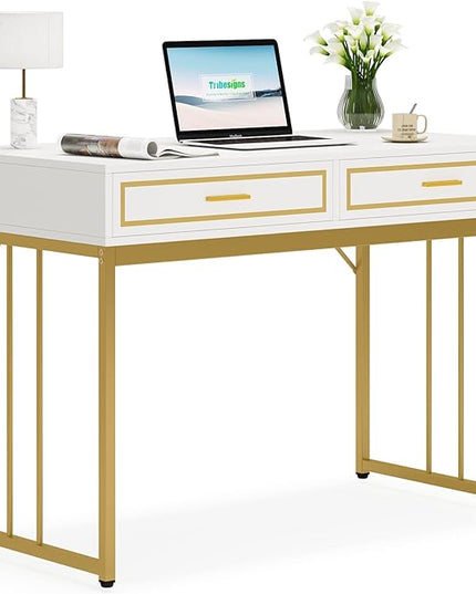 47’’ Computer Desk with 2 Drawers, White Gold Writing Desk Make Up Vanity Table - LeafyLoom