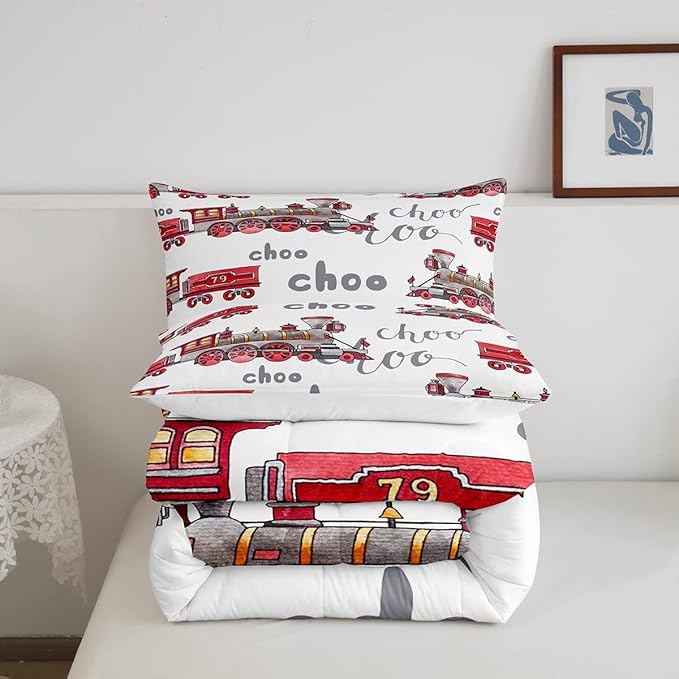 Cartoon Car Bedding Set Kids Train Comforter Set Boys Girls Choo-Choo Rail Roads Tracks Decor Comforter Microfiber Train Construction Duvet Set Bedroom Quilt Set Full Size - LeafyLoom