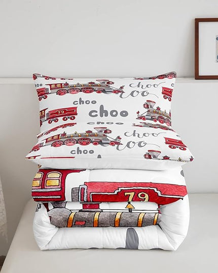 Feelyou Cartoon Car Bedding Set Kids Train Comforter Set Boys Girls Choo-Choo Rail Roads Tracks Decor Comforter Microfiber Train Construction Duvet Set Bedroom Quilt Set Queen Size - LeafyLoom