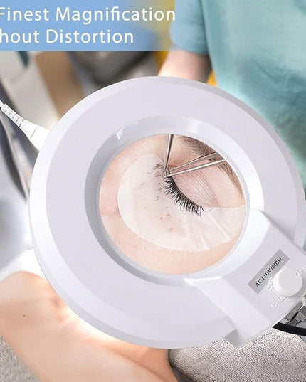 Magnifying floor lamp with 5 Wheels Rolling Base for estheticians - 1,500 Lumens LED Dimmable light with Magnifying Glass, 8-diopter Lighted magnifier for Reading, Crafts, Sewing, Close Work(5X) - LeafyLoom