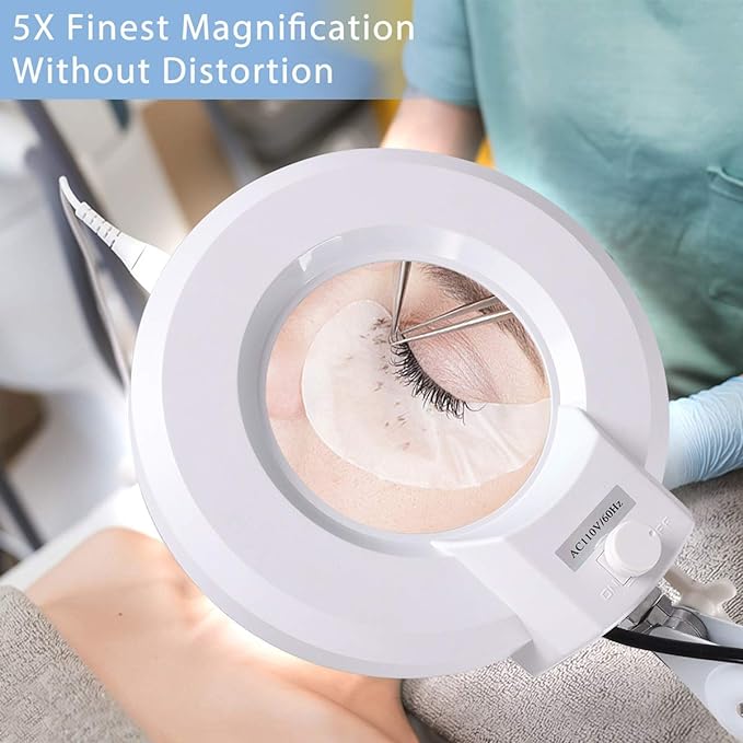 Magnifying floor lamp with 5 Wheels Rolling Base for estheticians - 1,500 Lumens LED Dimmable light with Magnifying Glass, 8-diopter Lighted magnifier for Reading, Crafts, Sewing, Close Work(5X) - LeafyLoom