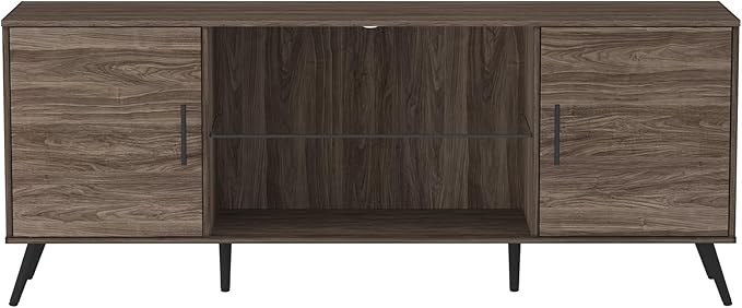Walker Edison Saxon Mid Century Modern Glass Shelf TV Stand for TVs up to 65 Inches, 60 Inch, Slate Grey - LeafyLoom
