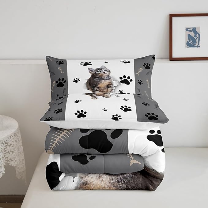Kids Cat Comforter Set Twin,3D Cute Kawaii Cat Bedding Set Lovely Animal Kitten Paw Print Down Comforter For Girls Boys Cat Lovers' Bedroom,Fish Bone Decor Quilt Duvet Set Grey White 1 Pillow Case - LeafyLoom