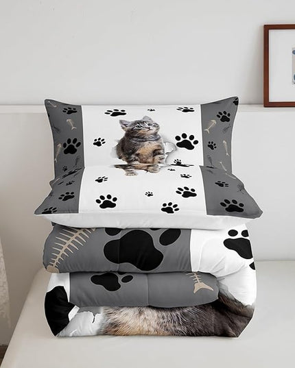 Kids Cat Comforter Set Full,3D Cute Kawaii Cat Bedding Set Lovely Animal Kitten Paw Print Down Comforter For Girls Boys Cat Lovers' Bedroom,Fish Bone Decor Quilt Duvet Set Grey White 2 Pillow Cases - LeafyLoom