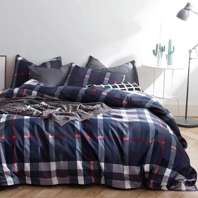 Navy Plaid Comforter Set Queen Checkered Bedding Set Navy Blue Tartan Grid Comforter Striped for Women Adult Navy Blue Checkered Blanket Set Dark Navy Queen Bed Comforter Set - LeafyLoom