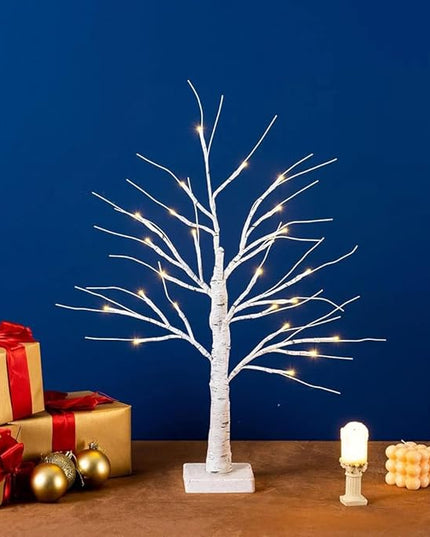 OTAVILEM 2FT Artificial Birch Tree with LED Lights, Warm White Fairy Lights, Battery Powered Tabletop Centerpiece Decorations for Home, Christmas, Wedding, Indoor Decor - LeafyLoom