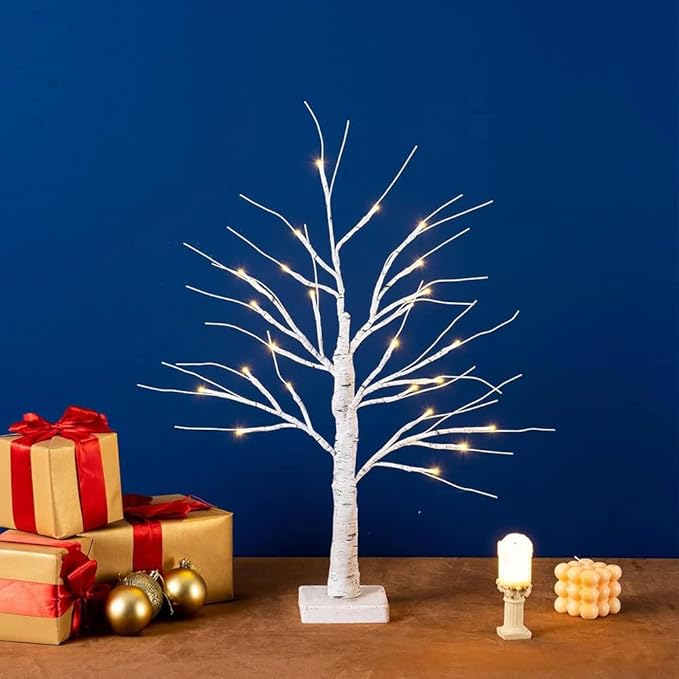 OTAVILEM 2FT Artificial Birch Tree with LED Lights, Warm White Fairy Lights, Battery Powered Tabletop Centerpiece Decorations for Home, Christmas, Wedding, Indoor Decor - LeafyLoom