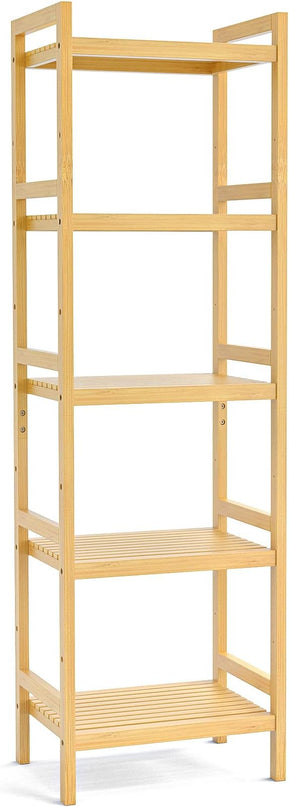 Homykic Bamboo Bookshelf, 5-Tier Narrow 55.9” Adjustable Book Shelf Bookcase Bathroom Shelves Freestanding Storage Stand for Living Room, Bedroom, Kitchen, Rust Resistance, Easy Assembly, Natural - LeafyLoom