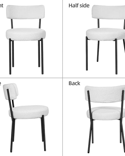 Boucle Dining Chairs Set of 2, Mid Century Dining Chairs with Metal Legs, Round Upholstered Sherpa Kitchen Dining Room Chairs Curved Backrest for Dining Room, Living Room, Kitchen,Black and White - LeafyLoom