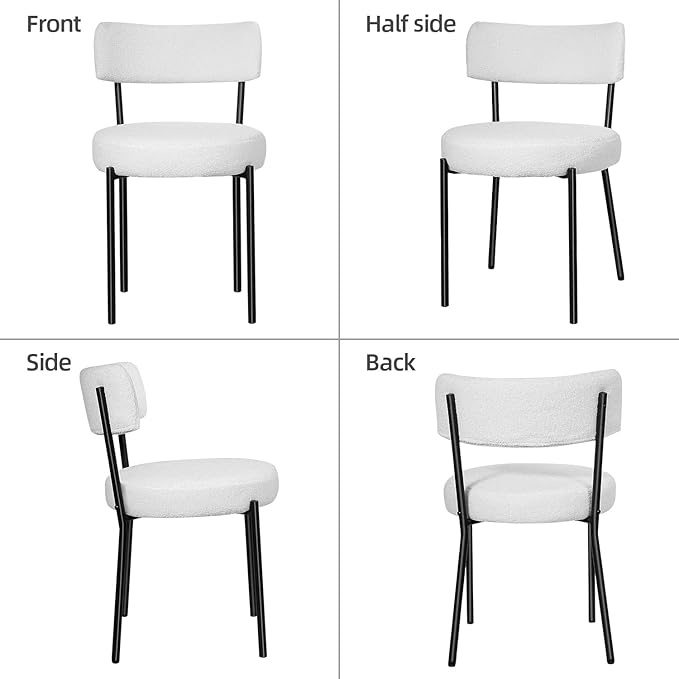Boucle Dining Chairs Set of 2, Mid Century Dining Chairs with Metal Legs, Round Upholstered Sherpa Kitchen Dining Room Chairs Curved Backrest for Dining Room, Living Room, Kitchen,Black and White - LeafyLoom