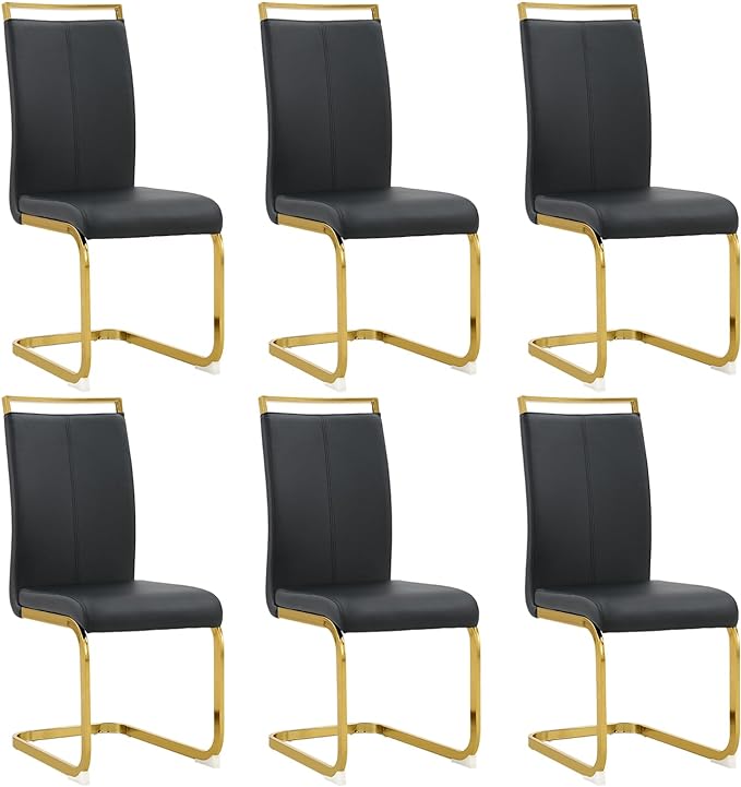Modern Dining Chairs Set of 6,High Back Black Kitchen Chairs,Faux Leather Side Chair with Gold Plated Metal Legs,Easy to Clean Upholstered Dining Chairs,Ideal for Living Room(Gold Leg) - LeafyLoom