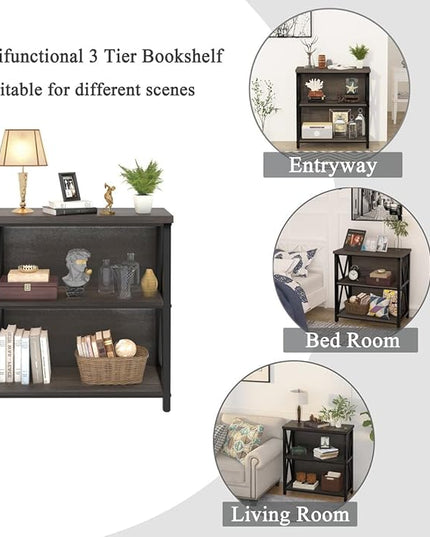 FATORRI Rustic Short 2 Shelf Bookshelf, Industrial Low Wood Bookcase, Farmhouse Small Book Case for Small Space (Walnut Brown) - LeafyLoom