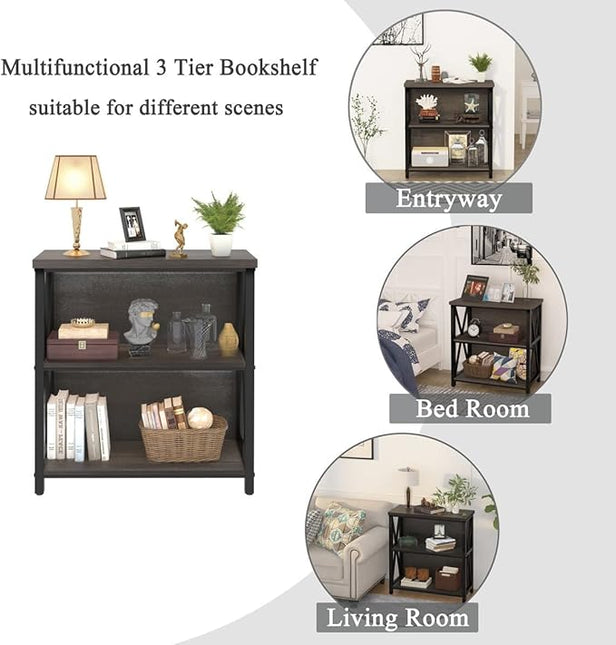 FATORRI Rustic Short 2 Shelf Bookshelf, Industrial Low Wood Bookcase, Farmhouse Small Book Case for Small Space (Walnut Brown) - LeafyLoom