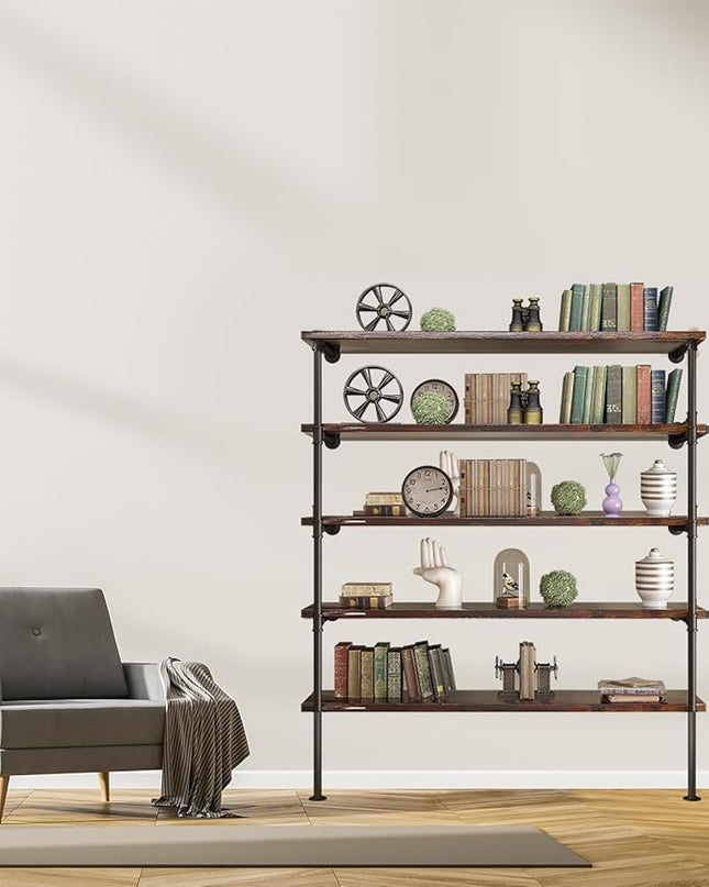 MUZIK Industrial Wall Mount Iron Pipe Shelf, DIY Open Farmhouse Bookshelf, Kitchen/Bathroom Floating Shelves, Pipe Shelves for Bedroom & Living Room (2 Pcs 5 Tier Hardware Only) - LeafyLoom