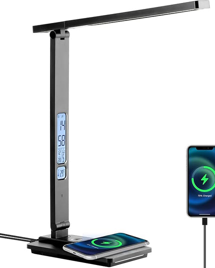 Dott Arts LED Desk Lamp with Wireless Charger, Touch Control Study Lamp with USB Charging Port, Table Lamp with Clock, Alarm, Date, Temperature, Office Lamp, Desk Lamps for Home Office,Black - LeafyLoom