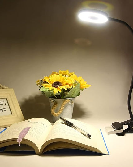 LED Clip On Light Reading Light, 10 Dimmable Brightness Gooseneck Clamp Desk Ring Light with Metal Bookmark for Reading Makeup Bedside (Size:Lamp+Bookmark) - LeafyLoom