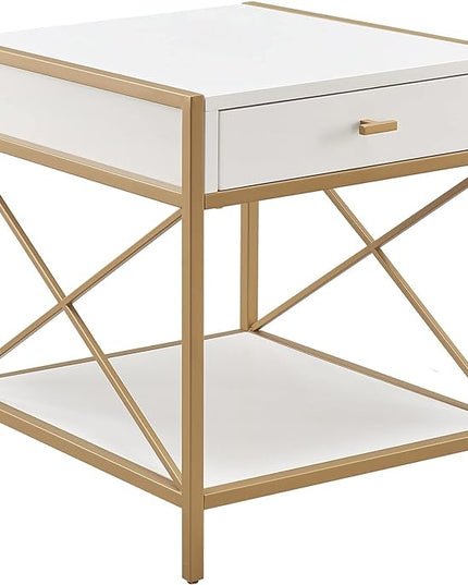 Leick Home 9206-WTGL Claudette One Drawer Mixed Metal and Wood Side Table with Shelf, White/gold - LeafyLoom