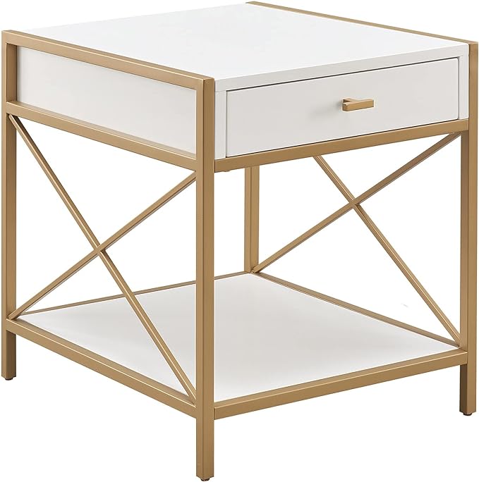 Leick Home 9206-WTGL Claudette One Drawer Mixed Metal and Wood Side Table with Shelf, White/gold - LeafyLoom