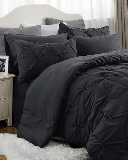 Bedsure Black King Size Comforter Set - Bedding Set King 7 Pieces, Pintuck Bed in a Bag Black Bed Set with Comforter, Sheets, Pillowcases & Shams - LeafyLoom