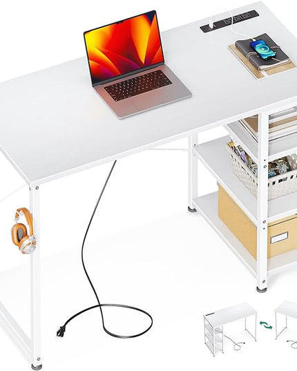 AODK Laptop Desk Small Desk, 40 Inch Computer Desk with Power Outlet and USB & Type-C Charging Port, Writing Desk with 3-Tier Reversible Storage Shelf for Home Office, 40'' x 16'', White - LeafyLoom