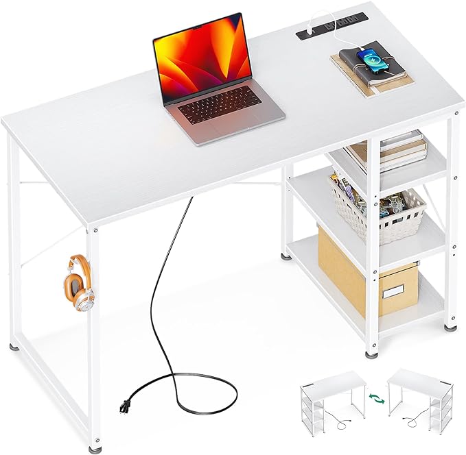 AODK Laptop Desk Small Desk, 40 Inch Computer Desk with Power Outlet and USB & Type-C Charging Port, Writing Desk with 3-Tier Reversible Storage Shelf for Home Office, 40'' x 16'', White - LeafyLoom