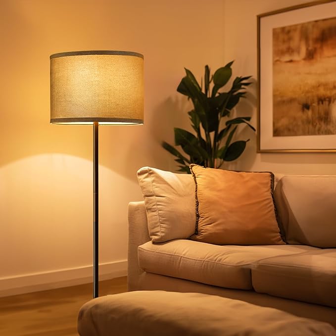 Oneach 61" Farmhouse Industrial Floor Lamp for Living Room Standing Floor Lamp Rustic Floor Lamps for Living Room Bedroom Tall Lamps with Foot Switch for Bedroom with Linen Grey Lamp Shade - LeafyLoom