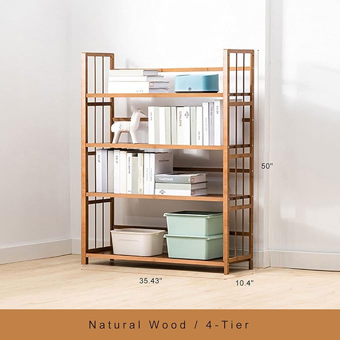 IOTXY Adjustable Bamboo Open Bookshelf - Large 4-Tier Free Standing Storage Rack, Multifunctional Display Stand for Home and Office, Bookcase, Light Brown - LeafyLoom