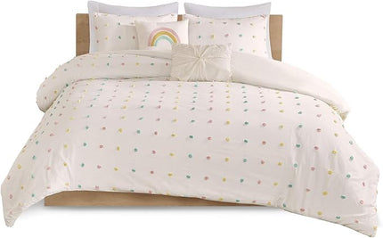 Callie Cotton Jacquard Weave Colorful Pom Pom Kids Comforter sets, Down Alternative Shabby Chic All Season Girls Bedding, Bedroom Decor, Twin/Twin XL, Multi 4 Piece - LeafyLoom