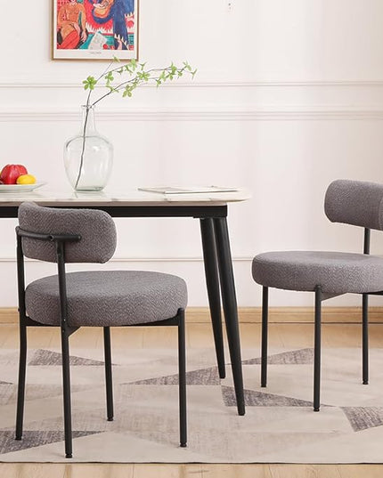 EDWELL Boucle Dining Chairs Set of 2, Modern Kitchen Dining Room Chairs with Metal Legs, Dark Grey Round Upholstered Curved Backrest Kitchen Chair for Dining Room, Living Room - LeafyLoom