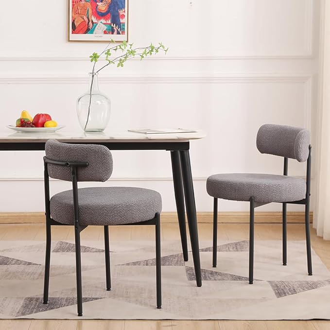 EDWELL Boucle Dining Chairs Set of 2, Modern Kitchen Dining Room Chairs with Metal Legs, Dark Grey Round Upholstered Curved Backrest Kitchen Chair for Dining Room, Living Room - LeafyLoom