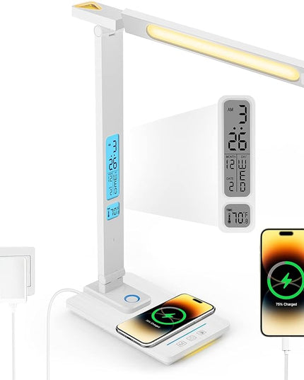 LAOPAO LED Desk Lamp with Wireless Charger, USB Charging Port, Sliding Dimmable Auto Timer Table Lamp with Night Light, Desk Lights with Clock for Study Reading Home Office - LeafyLoom