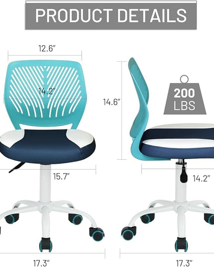 Desk Chair Small Study Chairs Armless for Children Kids Teens, Swivel Rolling Lightweight Task Chair with Wheels and Pu Leather Padded Cushion, Green/Navy - LeafyLoom