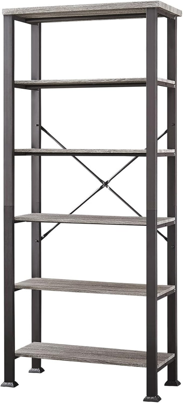 HOMBAZAAR Bookshelf, 6-Tier Vintage Industrial Book Shelf, Rustic Wood and Metal Bookcase and Bookshelves, Free Standing Storage Large Bookshelf for Living Room, Bedroom and Kitchen, Grey Oak - LeafyLoom