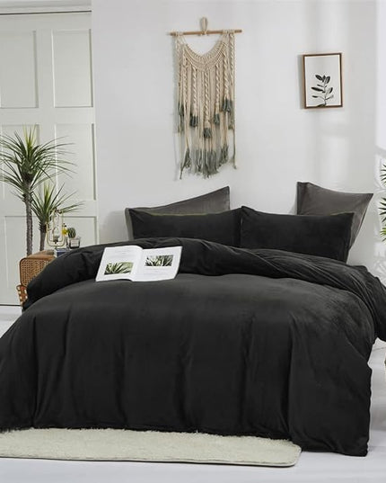 Wellboo Black Velvet Comforter Sets Full Solid Black Fluffy Bedding Comforters Women Men Plain Dark Color Flannel Quilt Modern Minimalist All Black Comforters Full Size Micromink Sherpa Plush Bedding - LeafyLoom