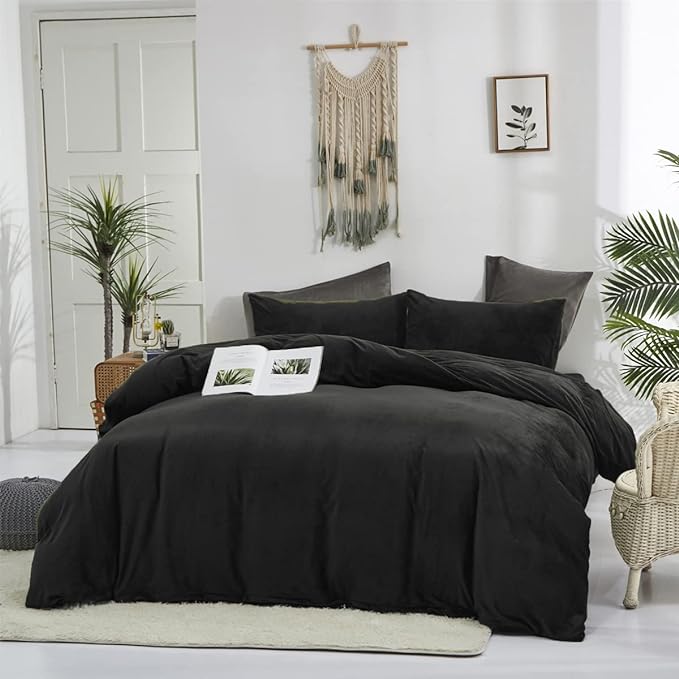 Wellboo Black Velvet Comforter Sets California King Solid Black Fluffy Bedding Comforters Cal King Solid Color Flannel Quilt Women Men Plain Black Comforters Micromink Sherpa Fuzzy Warm Bed Plush - LeafyLoom