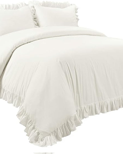 Lush Decor Reyna Ruffle 100% Cotton Duvet Cover Set - 3 Piece Cozy Ruffled Bedding Set - Timeless Elegance and Comfort - California King, White - LeafyLoom