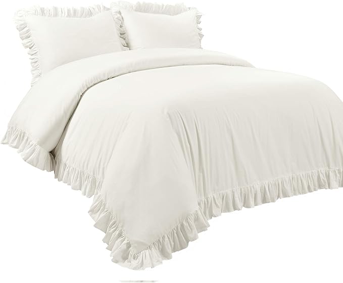 Lush Decor Reyna Ruffle 100% Cotton Duvet Cover Set - 3 Piece Cozy Ruffled Bedding Set - Timeless Elegance and Comfort - California King, White - LeafyLoom