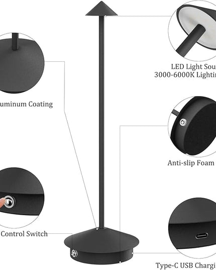 2-Pack 6000mAh Rechargeable LED Table Lamps,Outdoor Cordless Table Lamp Waterproof Portable, 3-Color Stepless Dimmable Modern Lamp for Restaurant/Bedroom(Black) - LeafyLoom