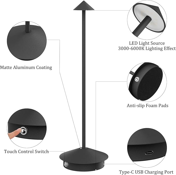2-Pack 6000mAh Rechargeable LED Table Lamps,Outdoor Cordless Table Lamp Waterproof Portable, 3-Color Stepless Dimmable Modern Lamp for Restaurant/Bedroom(Black) - LeafyLoom