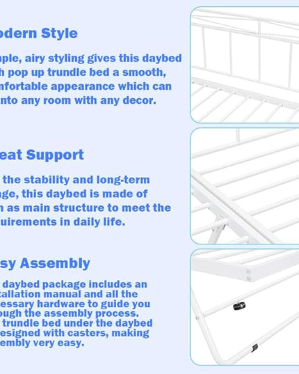 Full Daybed with Trundle Bed Twin, Metal Day Bed Frame with Pop Up Trundle, Metal Sofa Bed with Portable Folding Trundle for Bedroom, Living Room, Guest Room, Home, No Box Spring Needed, White - LeafyLoom